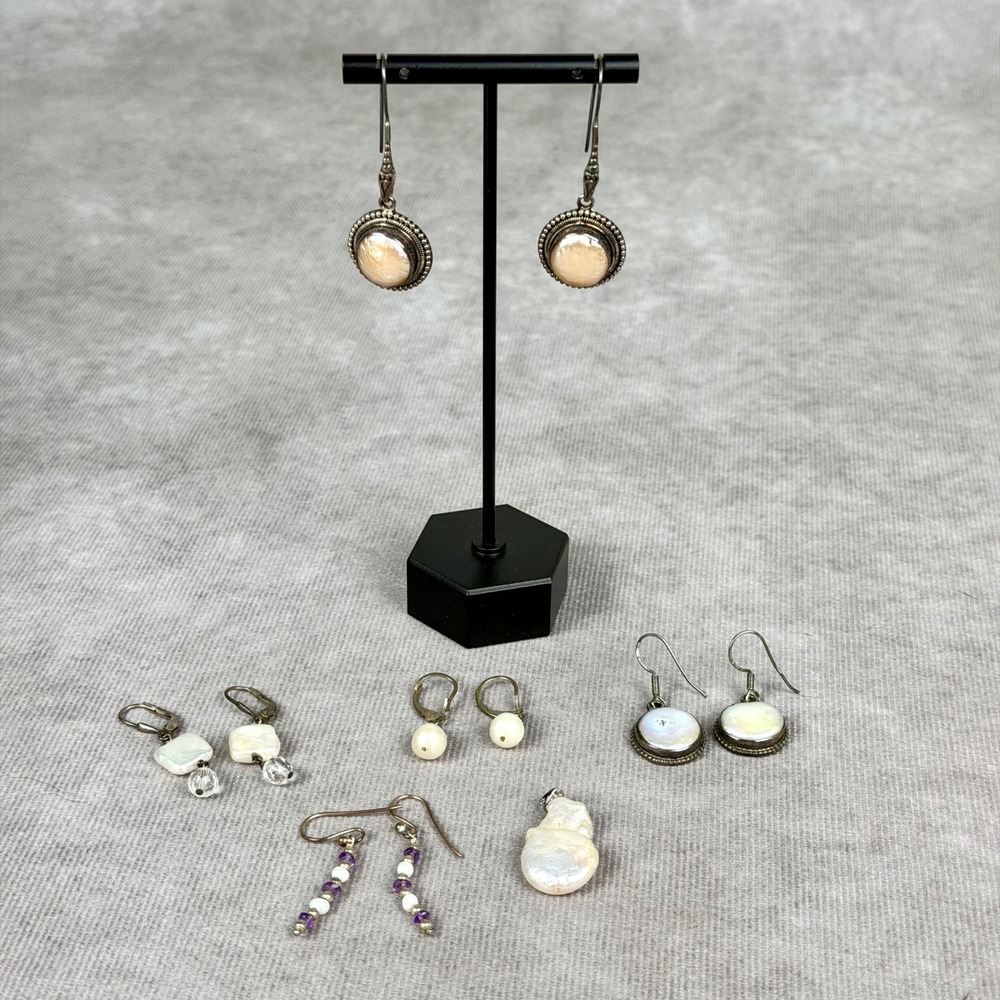 Sterling Silver Pearl Jewelry Lot 5 Pairs Earrings 1 Pendant Baroque Fairycore